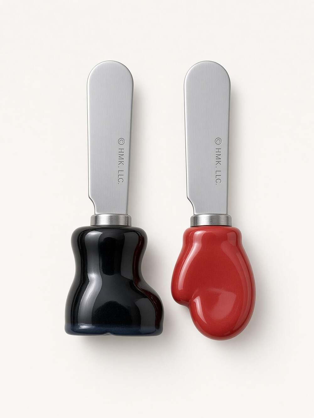 Mitten Cheese Spreaders, HMK Holiday Knives, Red Black Christmas Pair